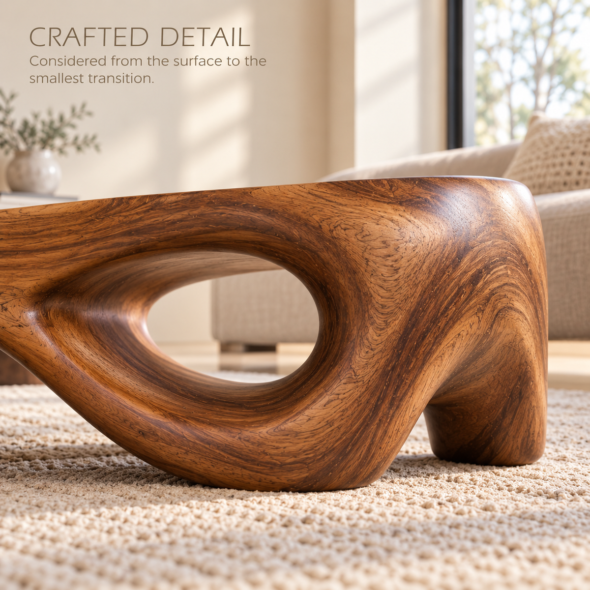Orin Sculptural Solid Wood Coffee Table - Design 346 - product detail and styling view 5