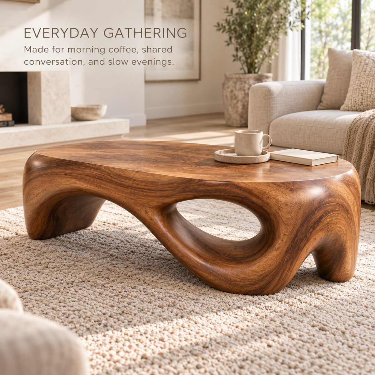 Orin Sculptural Solid Wood Coffee Table - Design 346 - product detail and styling view 6