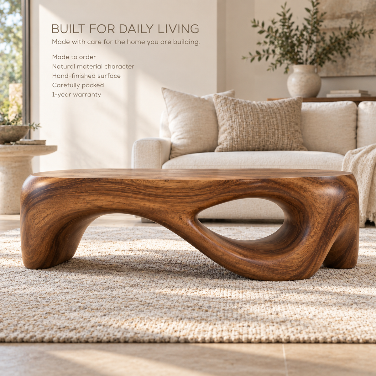 Orin Sculptural Solid Wood Coffee Table - Design 346 - product detail and styling view 8