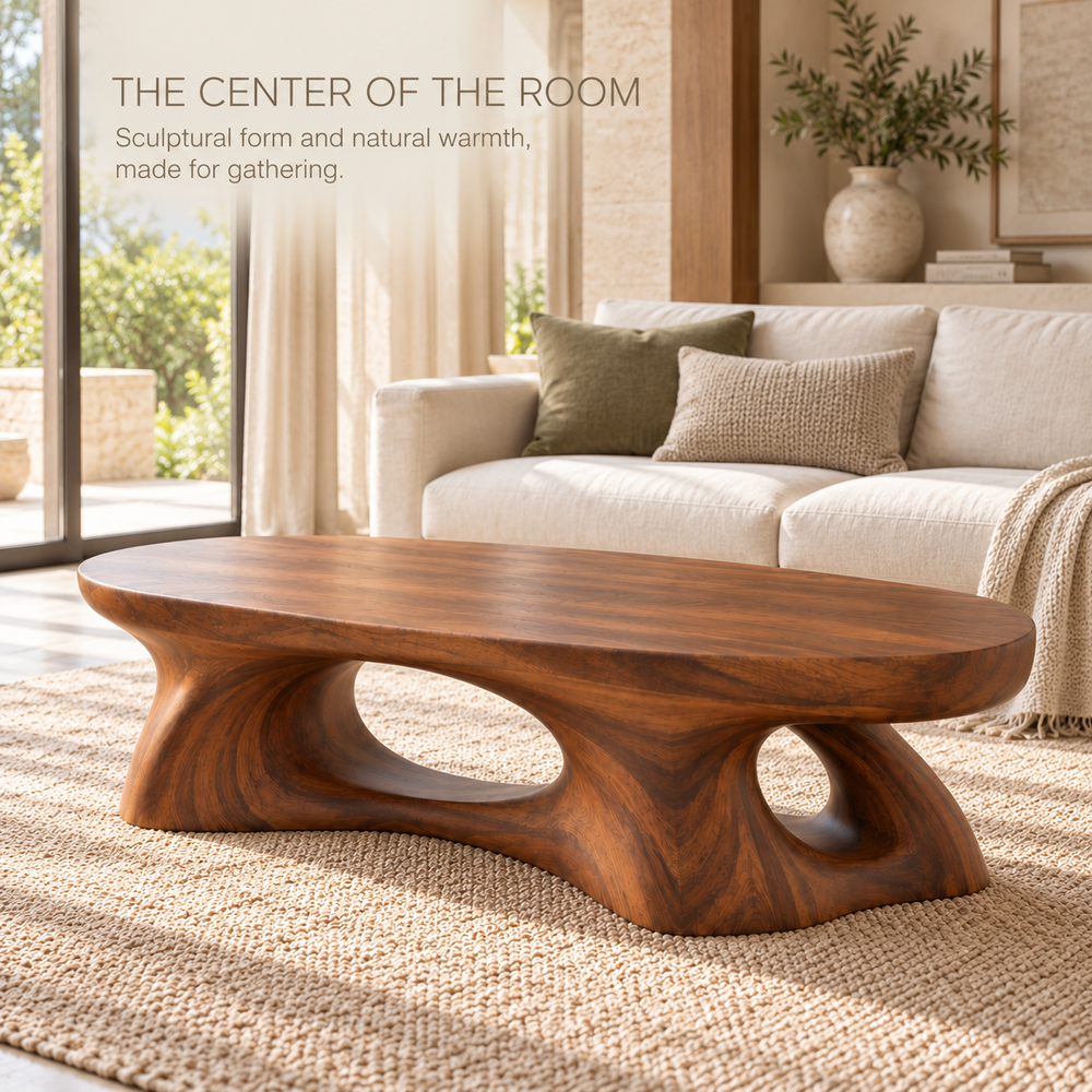 Selene Sculptural Solid Wood Coffee Table - Design 347 - main lifestyle view