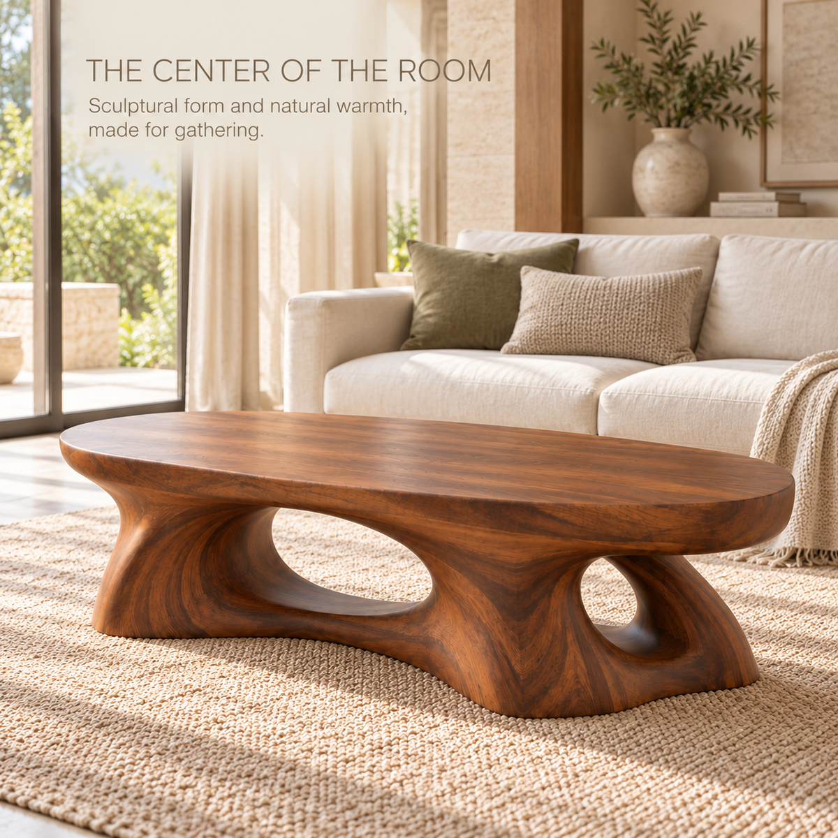 Selene Sculptural Solid Wood Coffee Table - Design 347 - main lifestyle view