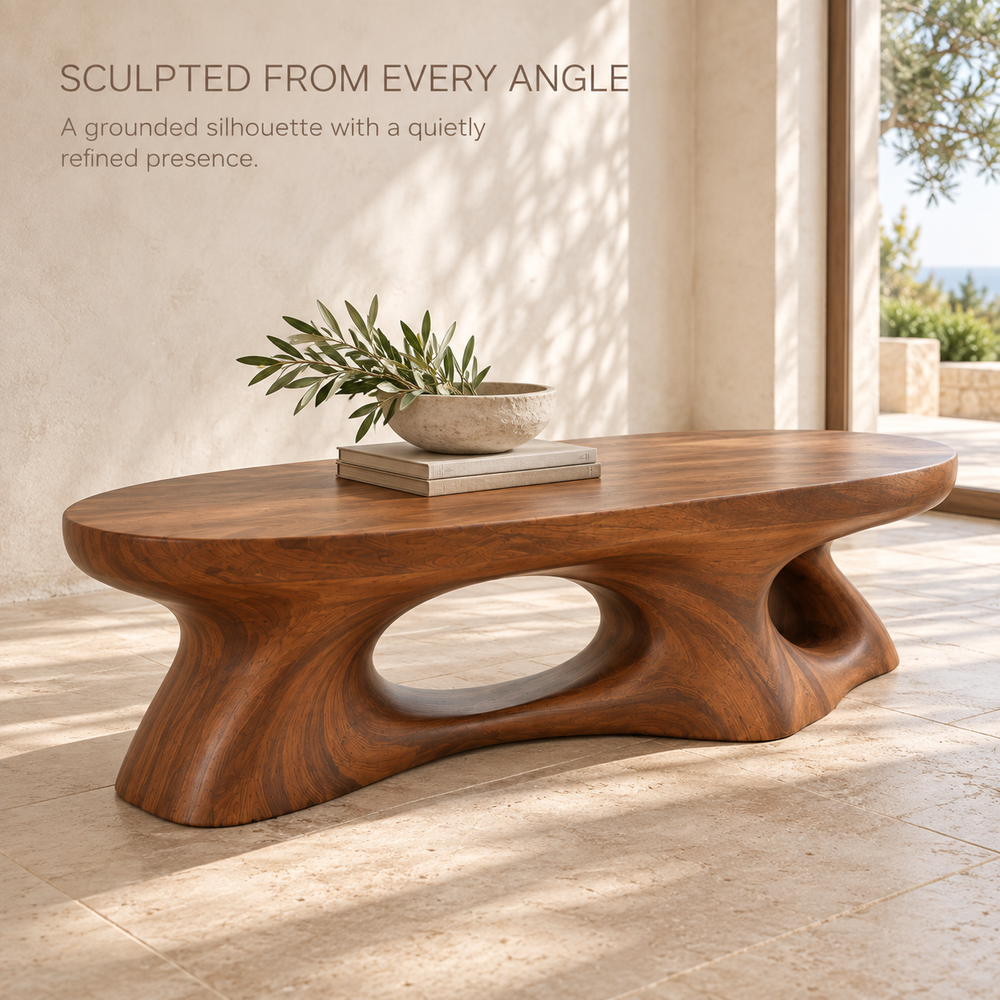 Selene Sculptural Solid Wood Coffee Table - Design 347 - product detail and styling view 2