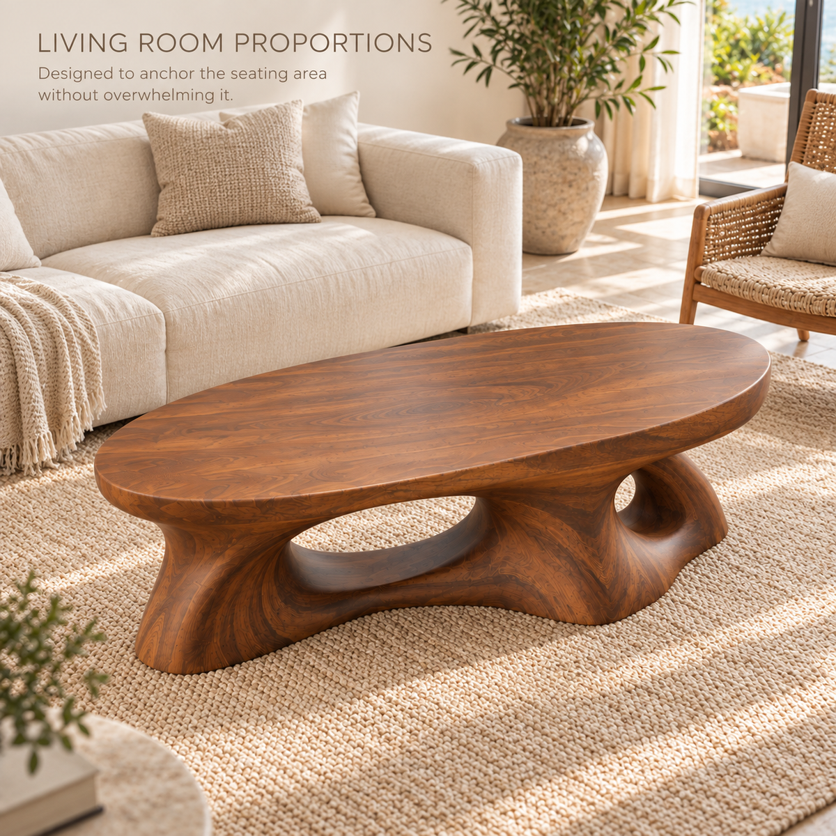 Selene Sculptural Solid Wood Coffee Table - Design 347 - product detail and styling view 3