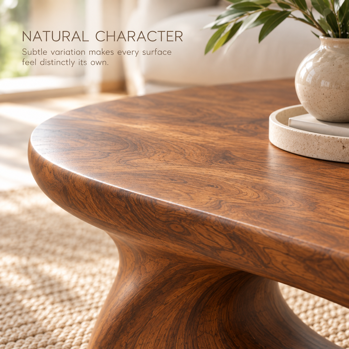Selene Sculptural Solid Wood Coffee Table - Design 347 - product detail and styling view 4