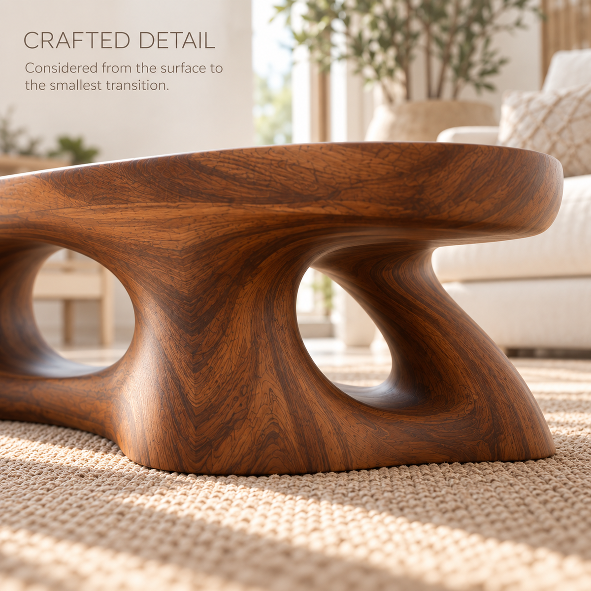 Selene Sculptural Solid Wood Coffee Table - Design 347 - product detail and styling view 5