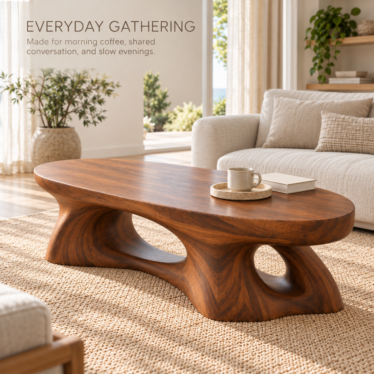 Selene Sculptural Solid Wood Coffee Table - Design 347 - product detail and styling view 6