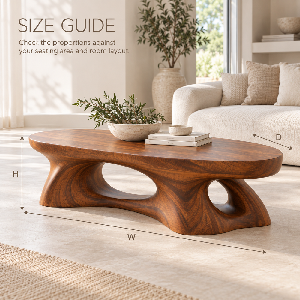 Selene Sculptural Solid Wood Coffee Table - Design 347 - product detail and styling view 7