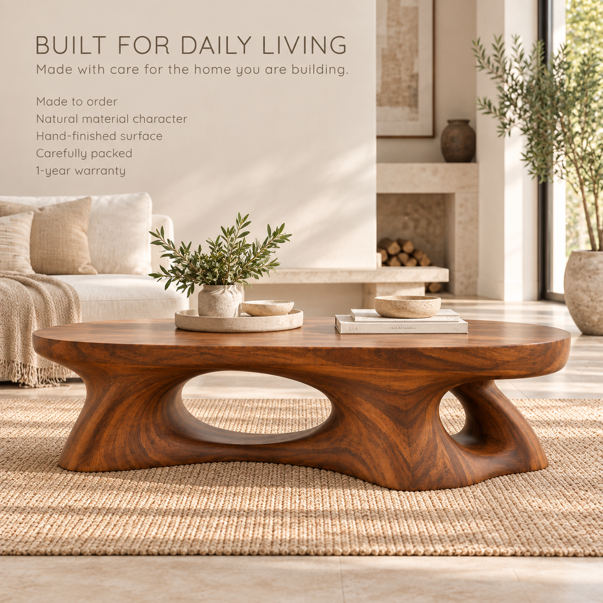 Selene Sculptural Solid Wood Coffee Table - Design 347 - product detail and styling view 8