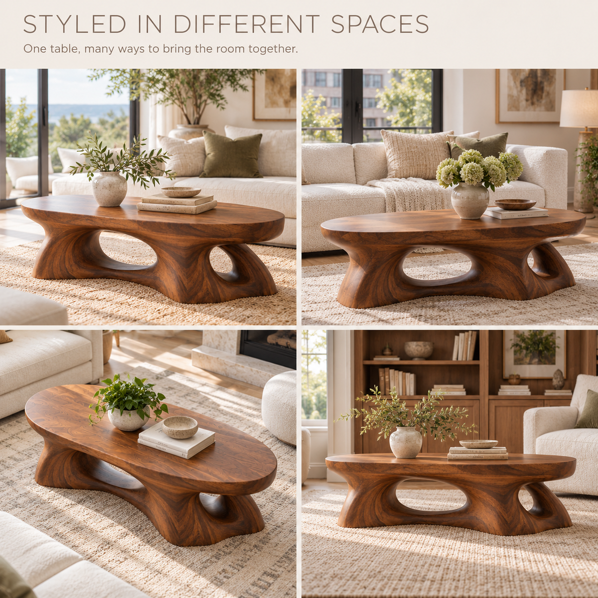 Selene Sculptural Solid Wood Coffee Table - Design 347 - product detail and styling view 9