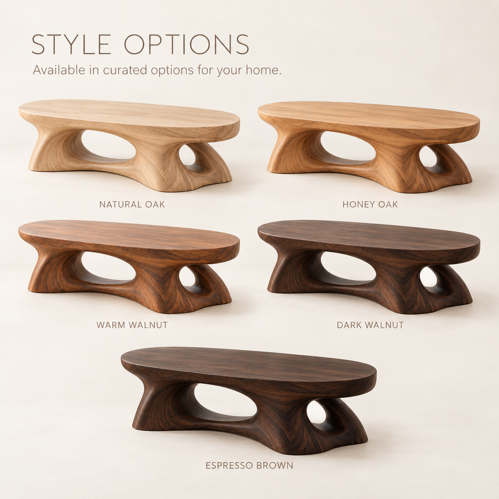 Selene Sculptural Solid Wood Coffee Table - Design 347 - product detail and styling view 10