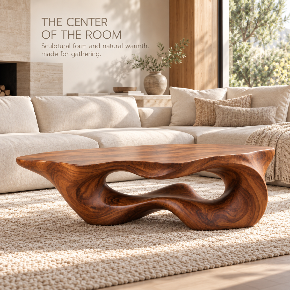 Darian Sculptural Solid Wood Coffee Table - Design 348 - main lifestyle view