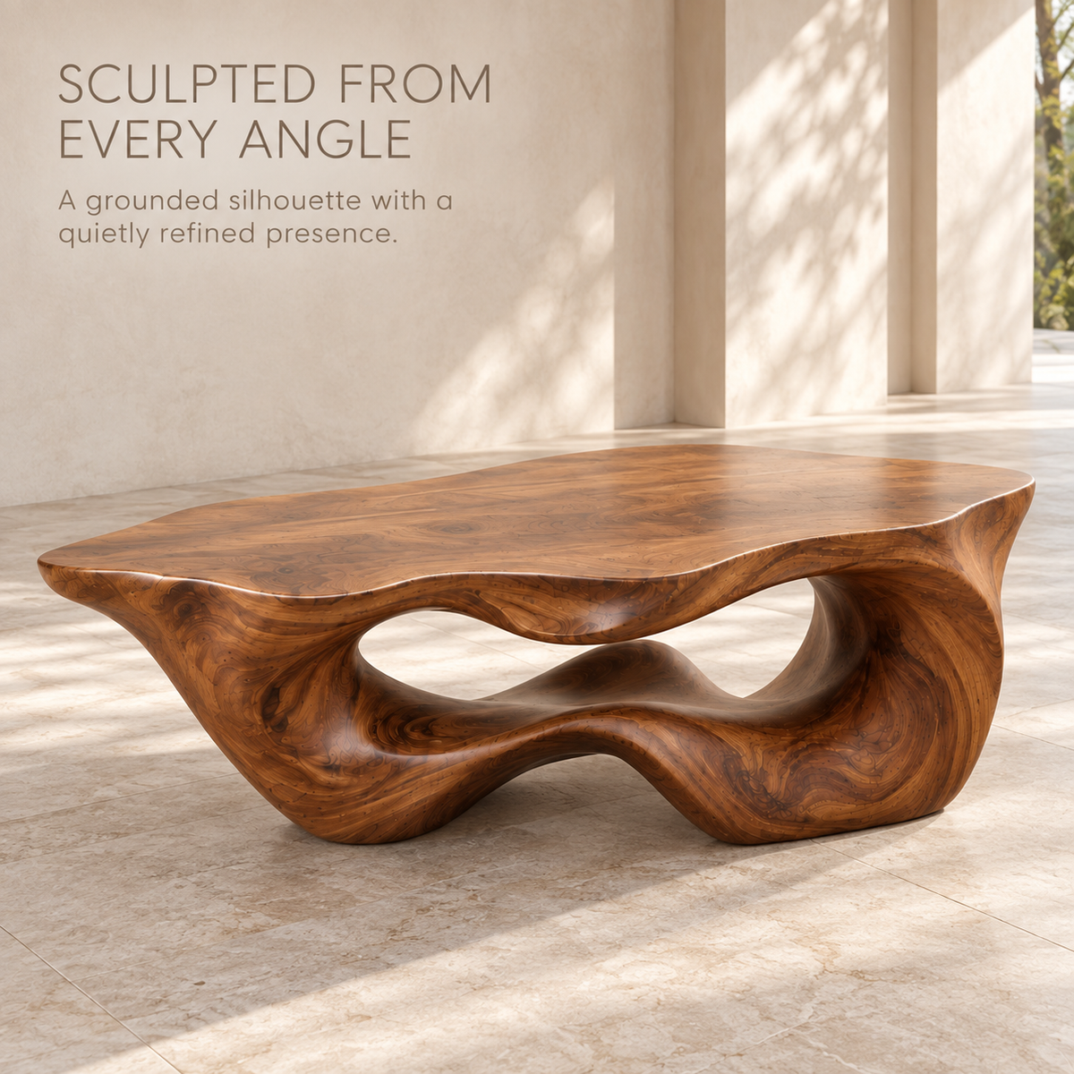 Darian Sculptural Solid Wood Coffee Table - Design 348 - product detail and styling view 2