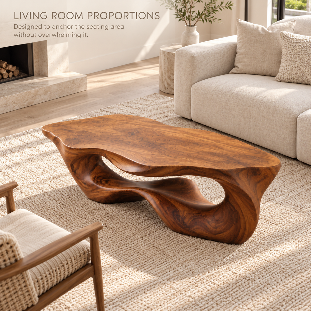 Darian Sculptural Solid Wood Coffee Table - Design 348 - product detail and styling view 3