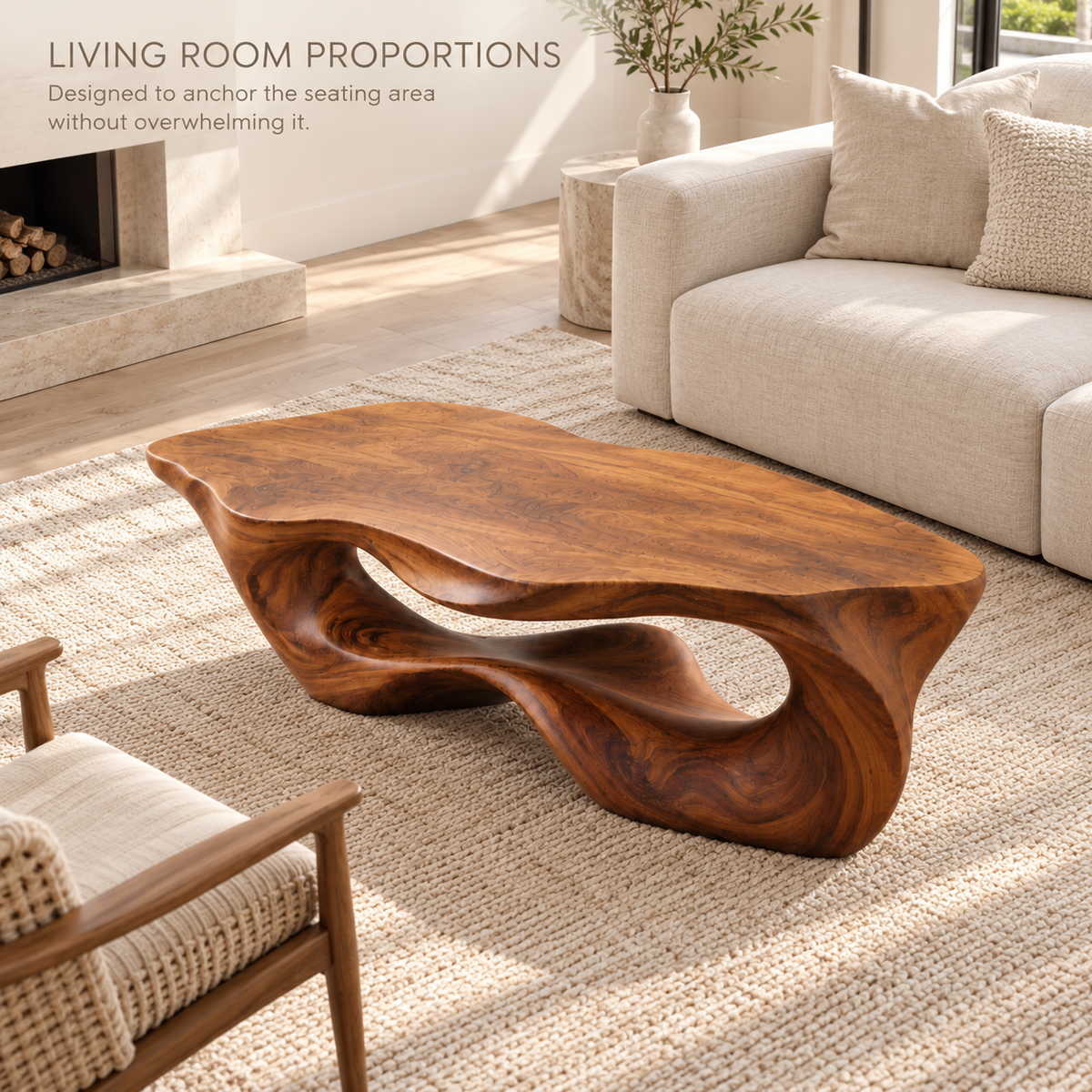 Darian Sculptural Solid Wood Coffee Table - Design 348 - product detail and styling view 3