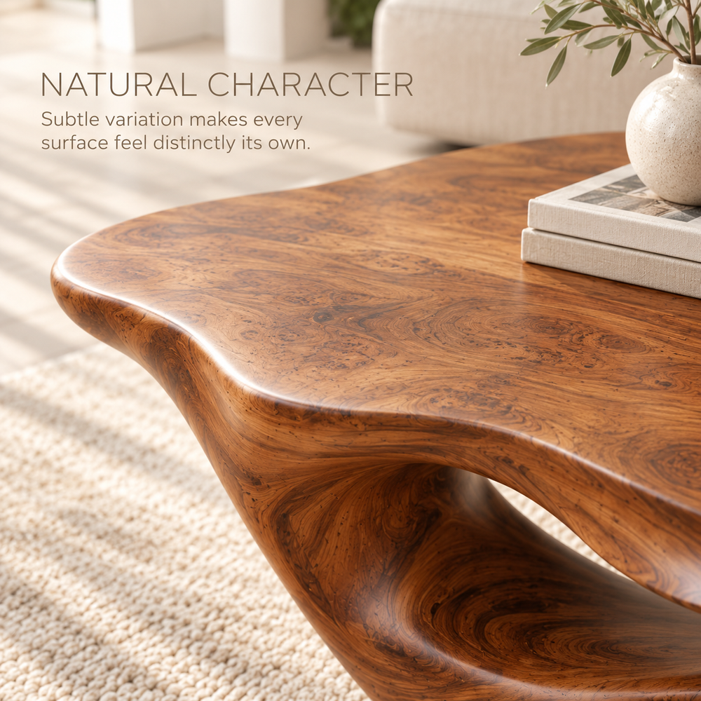 Darian Sculptural Solid Wood Coffee Table - Design 348 - product detail and styling view 4