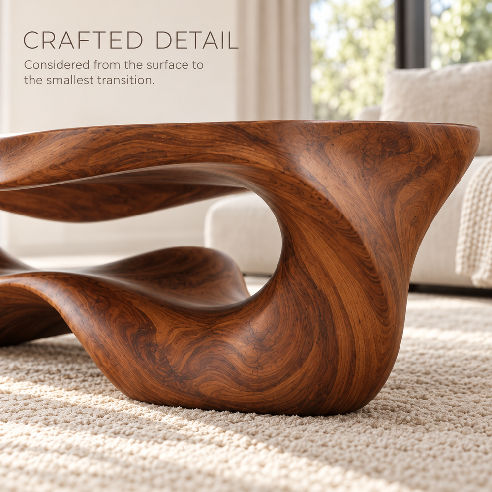 Darian Sculptural Solid Wood Coffee Table - Design 348 - product detail and styling view 5