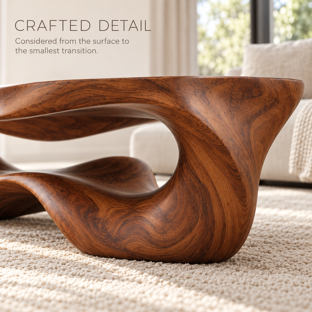 Darian Sculptural Solid Wood Coffee Table - Design 348 - product detail and styling view 5