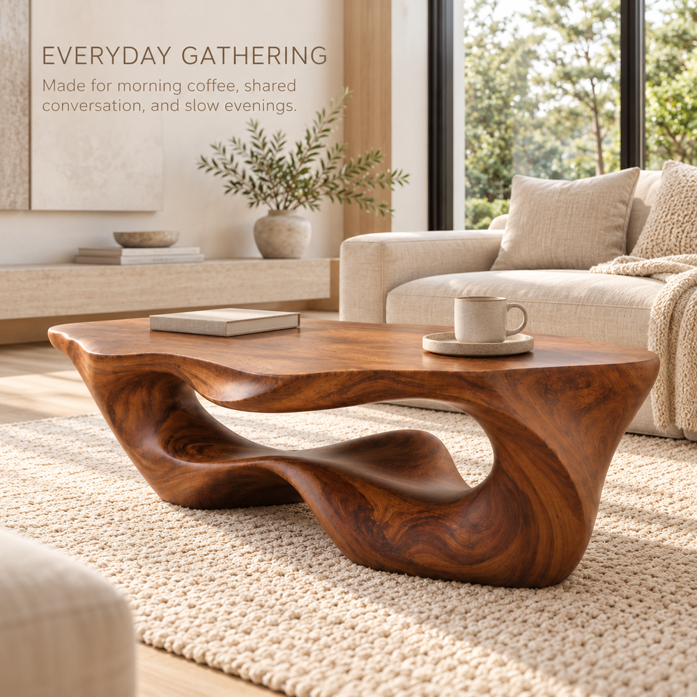 Darian Sculptural Solid Wood Coffee Table - Design 348 - product detail and styling view 6