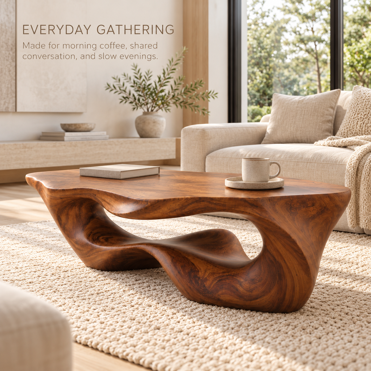 Darian Sculptural Solid Wood Coffee Table - Design 348 - product detail and styling view 6