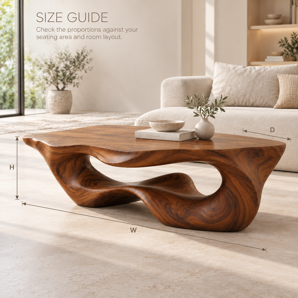 Darian Sculptural Solid Wood Coffee Table - Design 348 - product detail and styling view 7