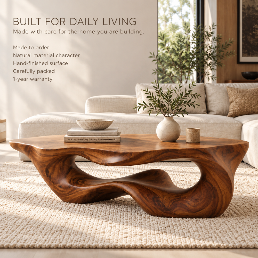 Darian Sculptural Solid Wood Coffee Table - Design 348 - product detail and styling view 8