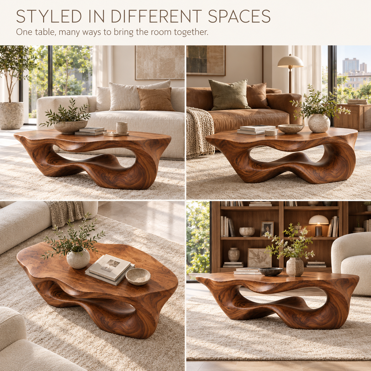 Darian Sculptural Solid Wood Coffee Table - Design 348 - product detail and styling view 9
