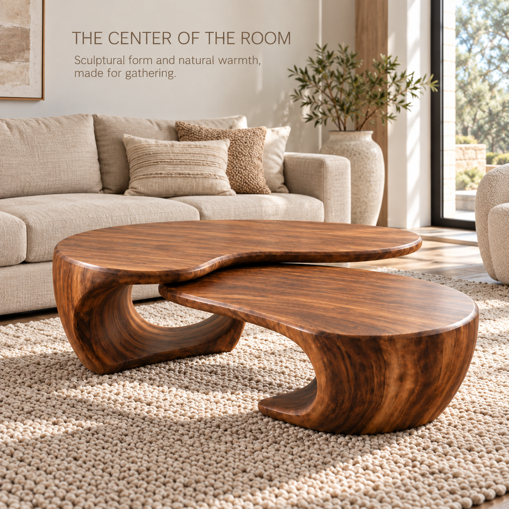 Mira Sculptural Solid Wood Coffee Table Set - Design 349 - main lifestyle view