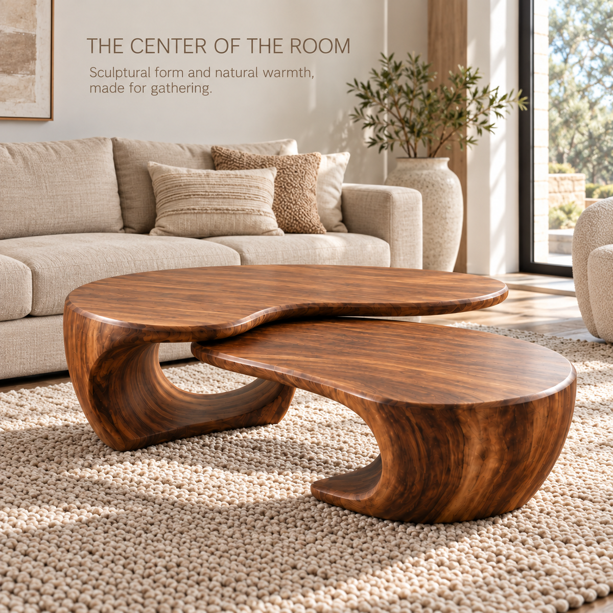 Mira Sculptural Solid Wood Coffee Table Set - Design 349 - main lifestyle view