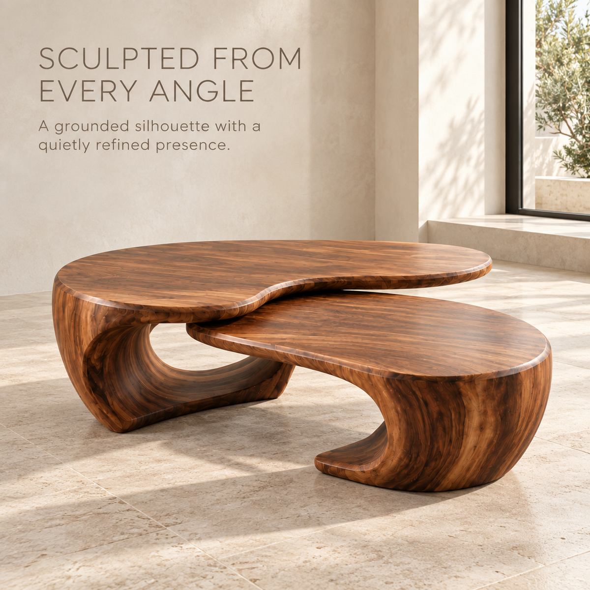 Mira Sculptural Solid Wood Coffee Table Set - Design 349 - product detail and styling view 2