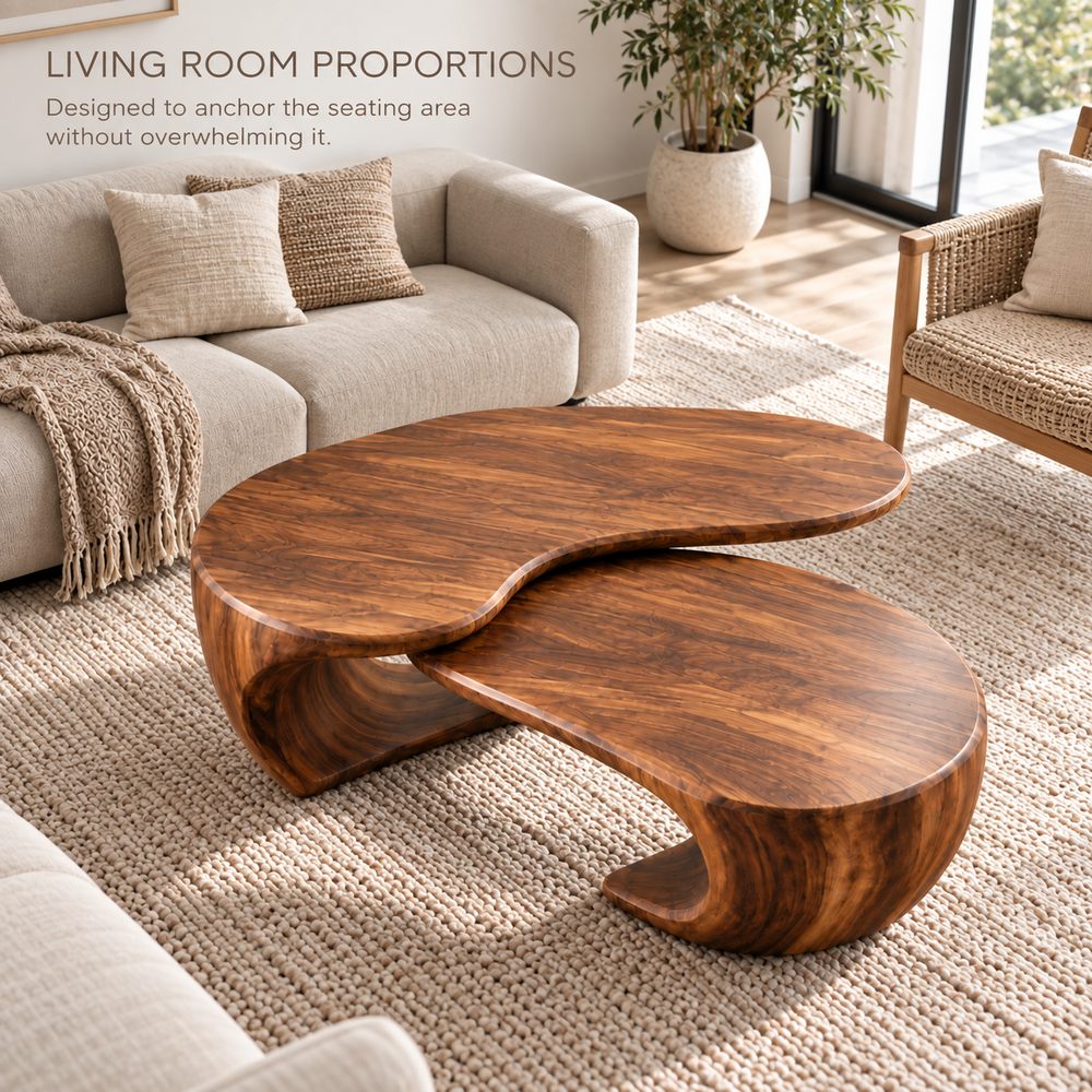 Mira Sculptural Solid Wood Coffee Table Set - Design 349 - product detail and styling view 3