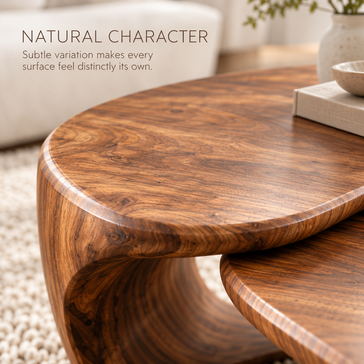 Mira Sculptural Solid Wood Coffee Table Set - Design 349 - product detail and styling view 4