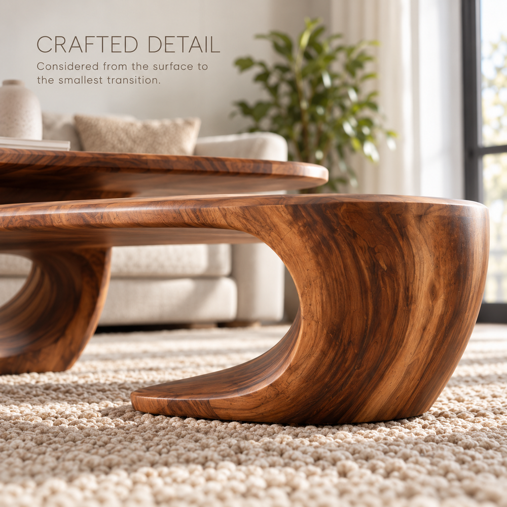 Mira Sculptural Solid Wood Coffee Table Set - Design 349 - product detail and styling view 5