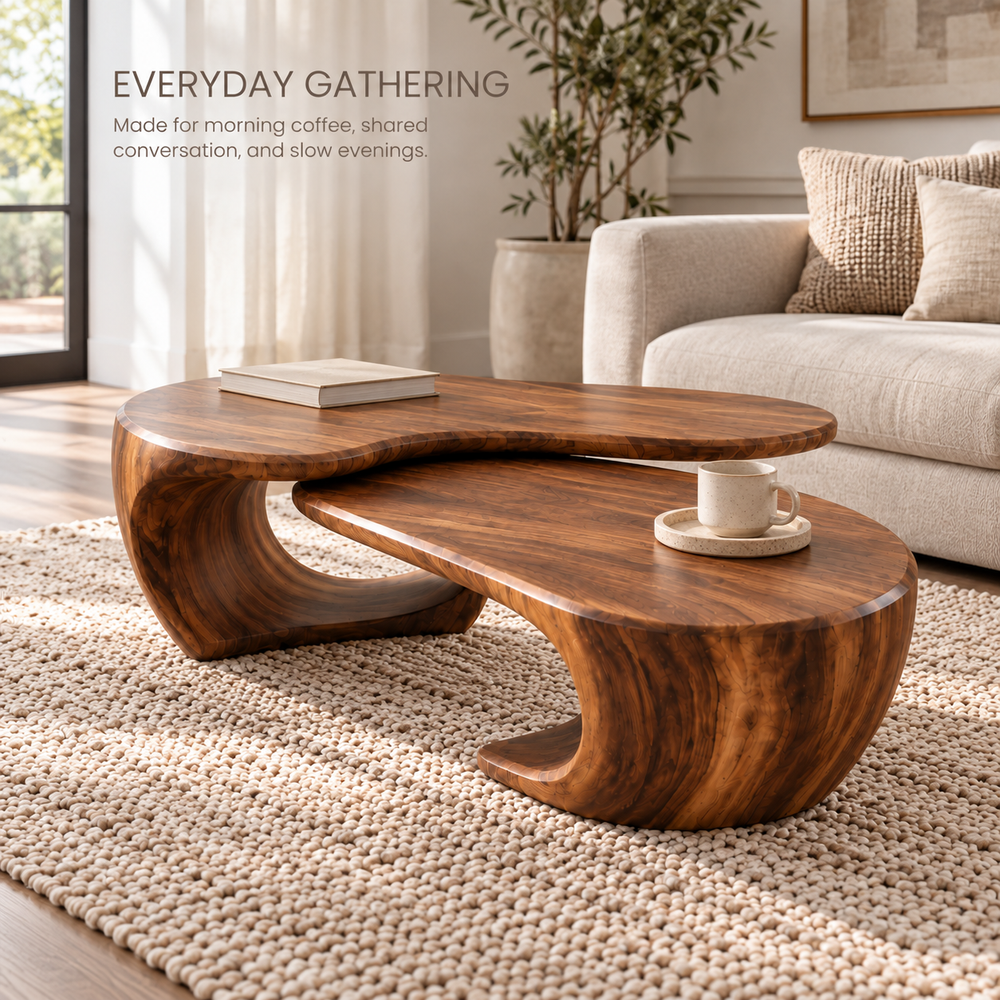 Mira Sculptural Solid Wood Coffee Table Set - Design 349 - product detail and styling view 6