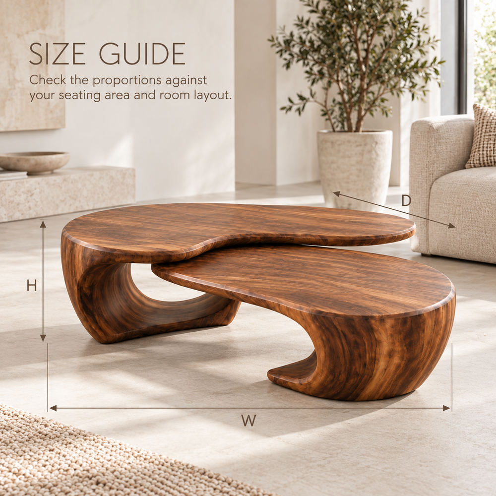 Mira Sculptural Solid Wood Coffee Table Set - Design 349 - product detail and styling view 7