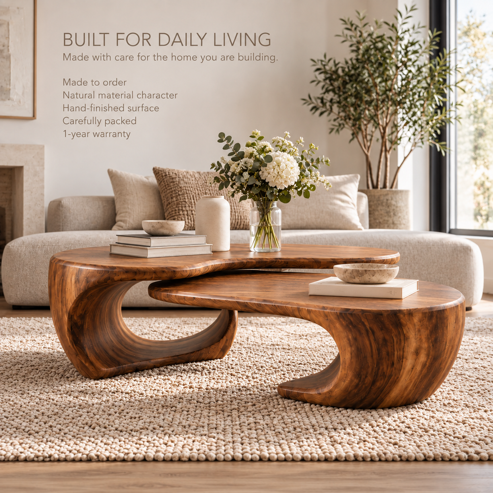 Mira Sculptural Solid Wood Coffee Table Set - Design 349 - product detail and styling view 8
