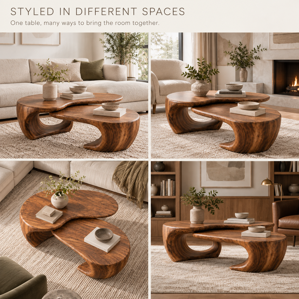 Mira Sculptural Solid Wood Coffee Table Set - Design 349 - product detail and styling view 9