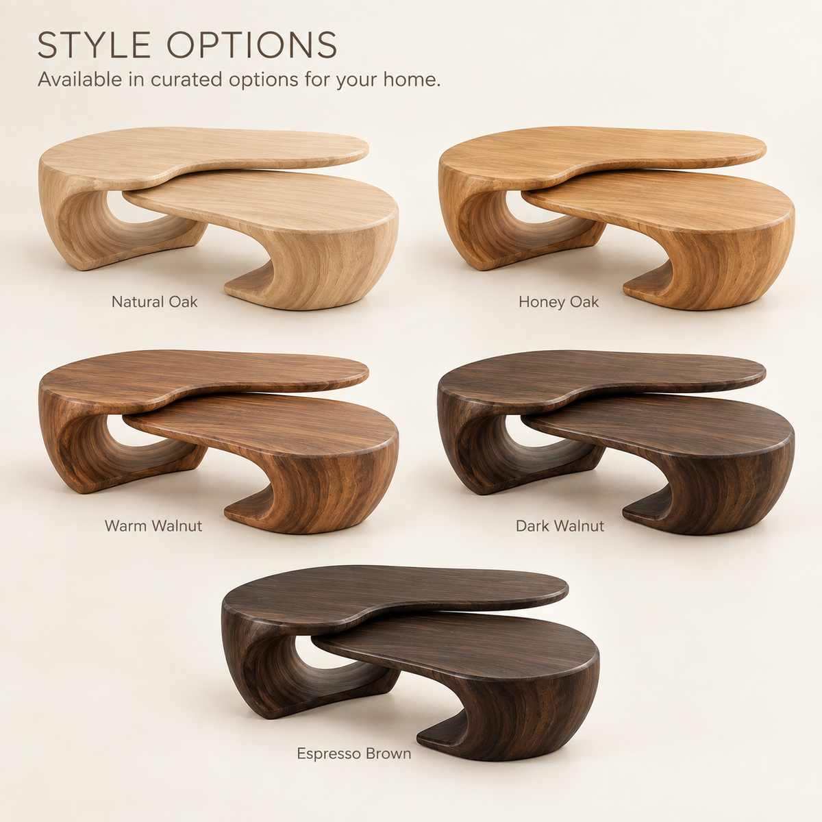 Mira Sculptural Solid Wood Coffee Table Set - Design 349 - product detail and styling view 10