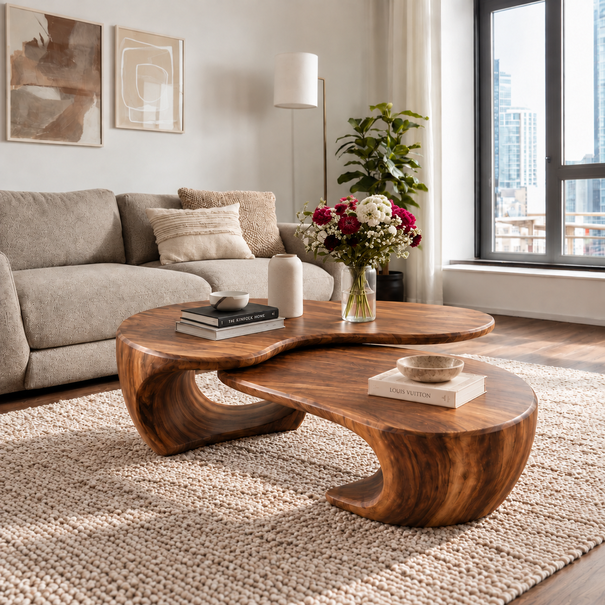 Mira Sculptural Solid Wood Coffee Table Set - Design 349 - main view