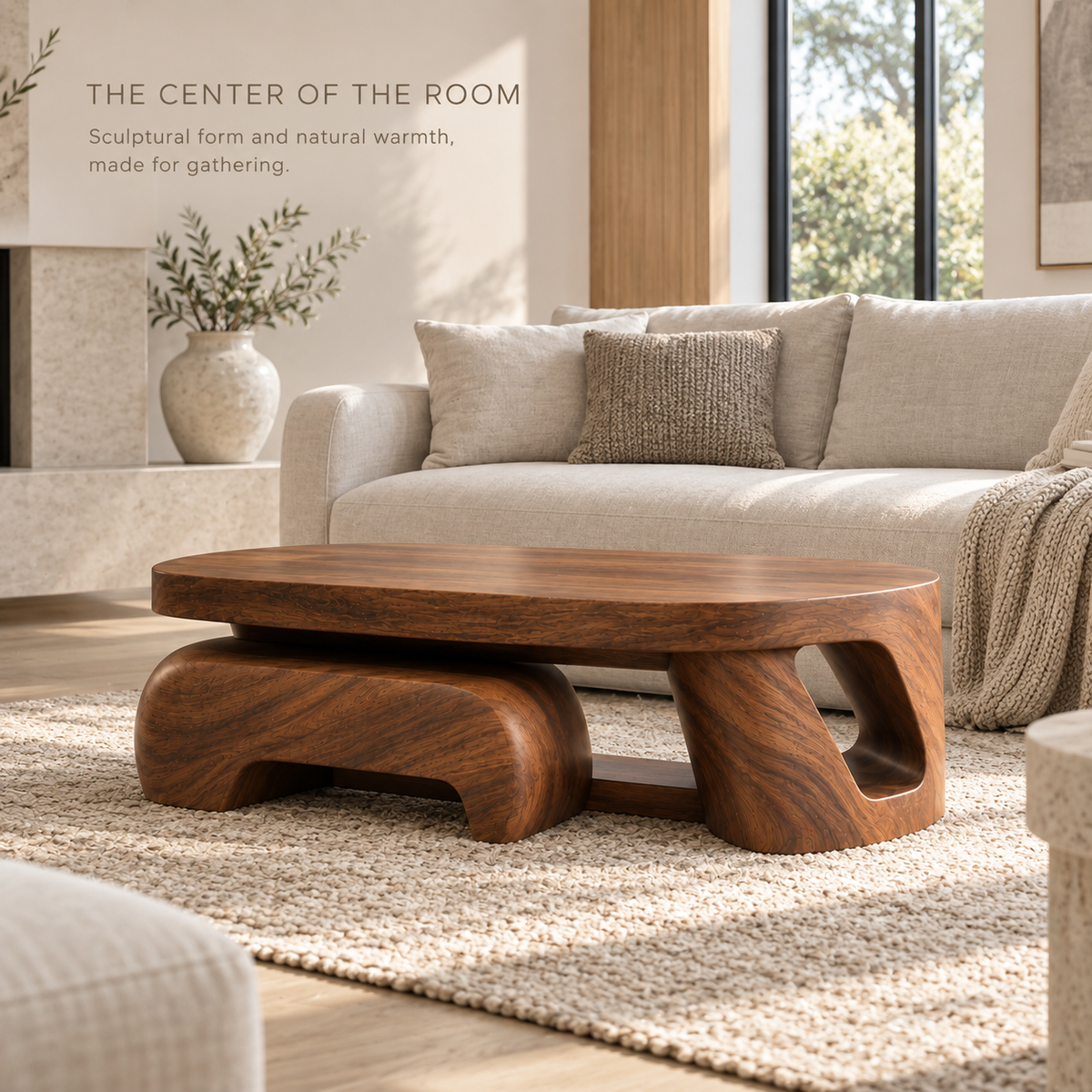 Talia Sculptural Solid Wood Coffee Table - Design 350 - main lifestyle view