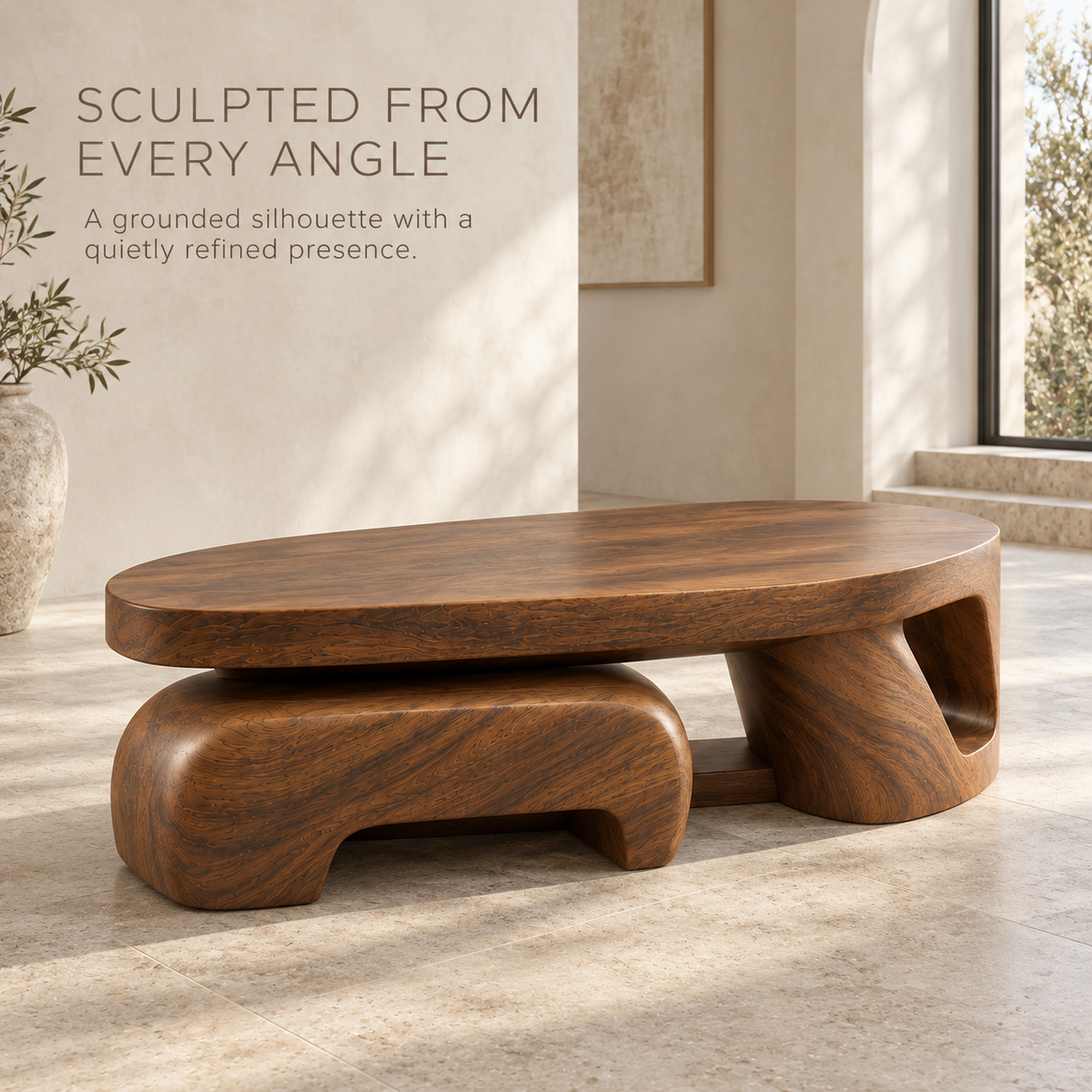 Talia Sculptural Solid Wood Coffee Table - Design 350 - product detail and styling view 2