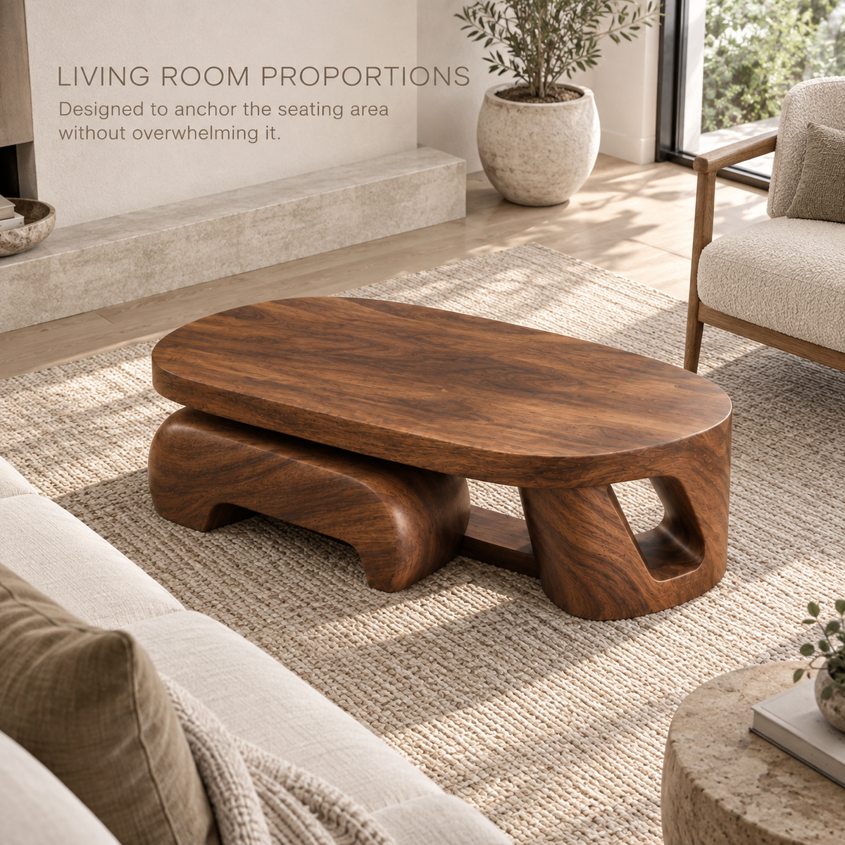 Talia Sculptural Solid Wood Coffee Table - Design 350 - product detail and styling view 3