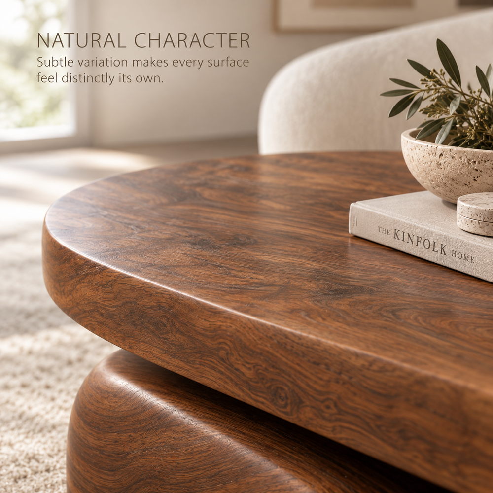 Talia Sculptural Solid Wood Coffee Table - Design 350 - product detail and styling view 4