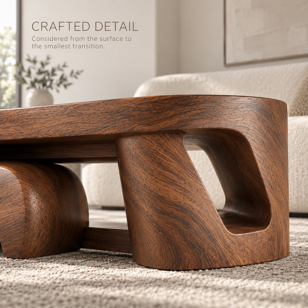 Talia Sculptural Solid Wood Coffee Table - Design 350 - product detail and styling view 5