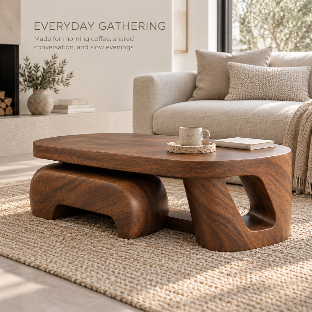 Talia Sculptural Solid Wood Coffee Table - Design 350 - product detail and styling view 6