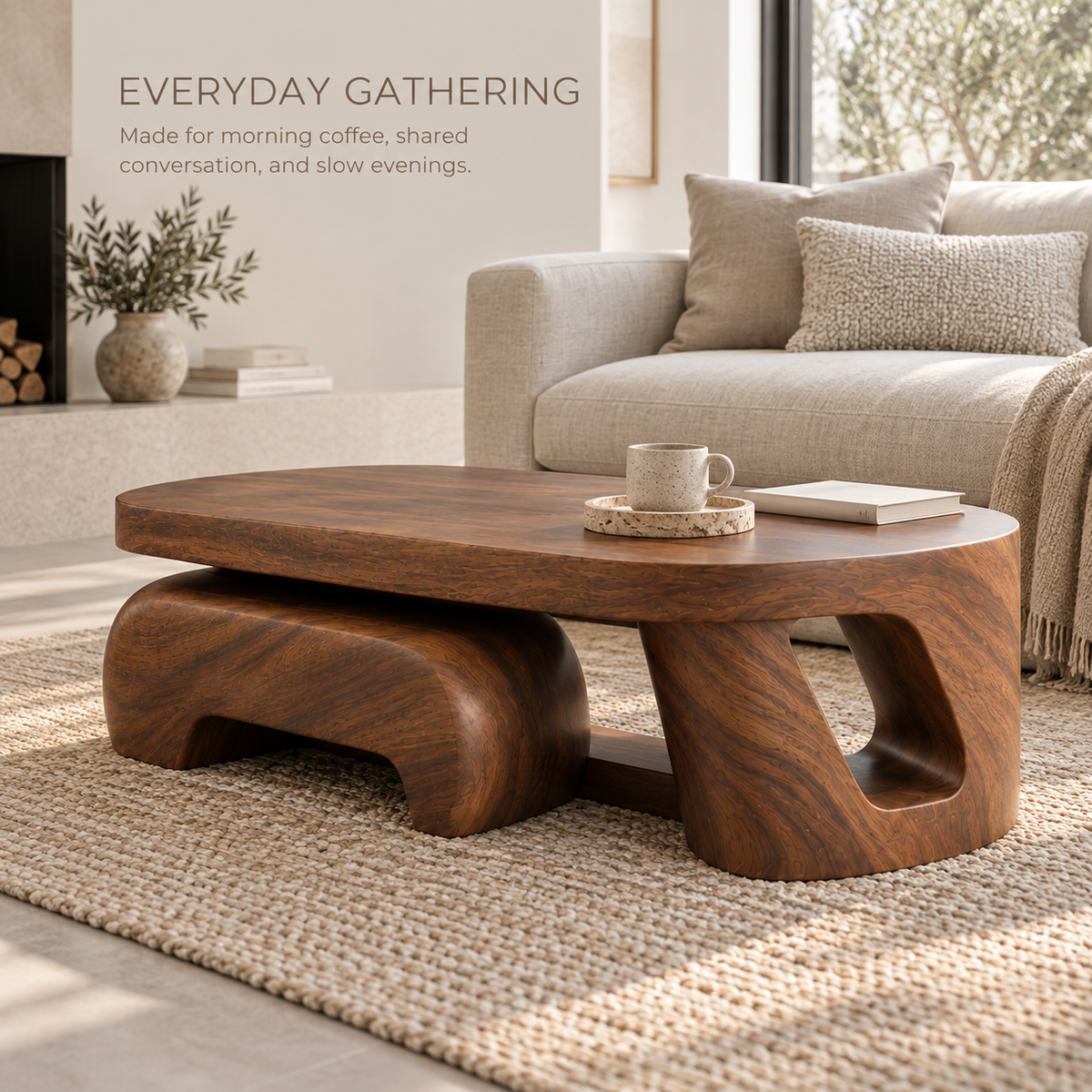 Talia Sculptural Solid Wood Coffee Table - Design 350 - product detail and styling view 6