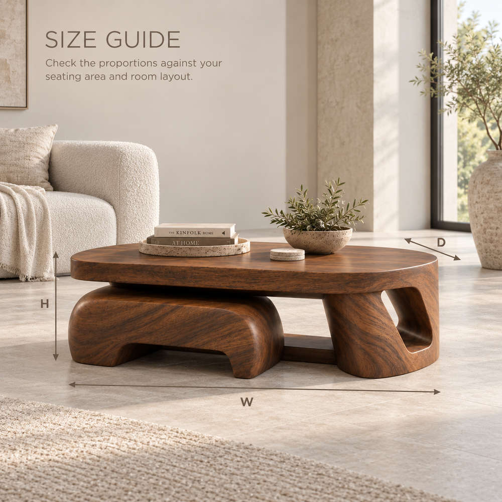 Talia Sculptural Solid Wood Coffee Table - Design 350 - product detail and styling view 7