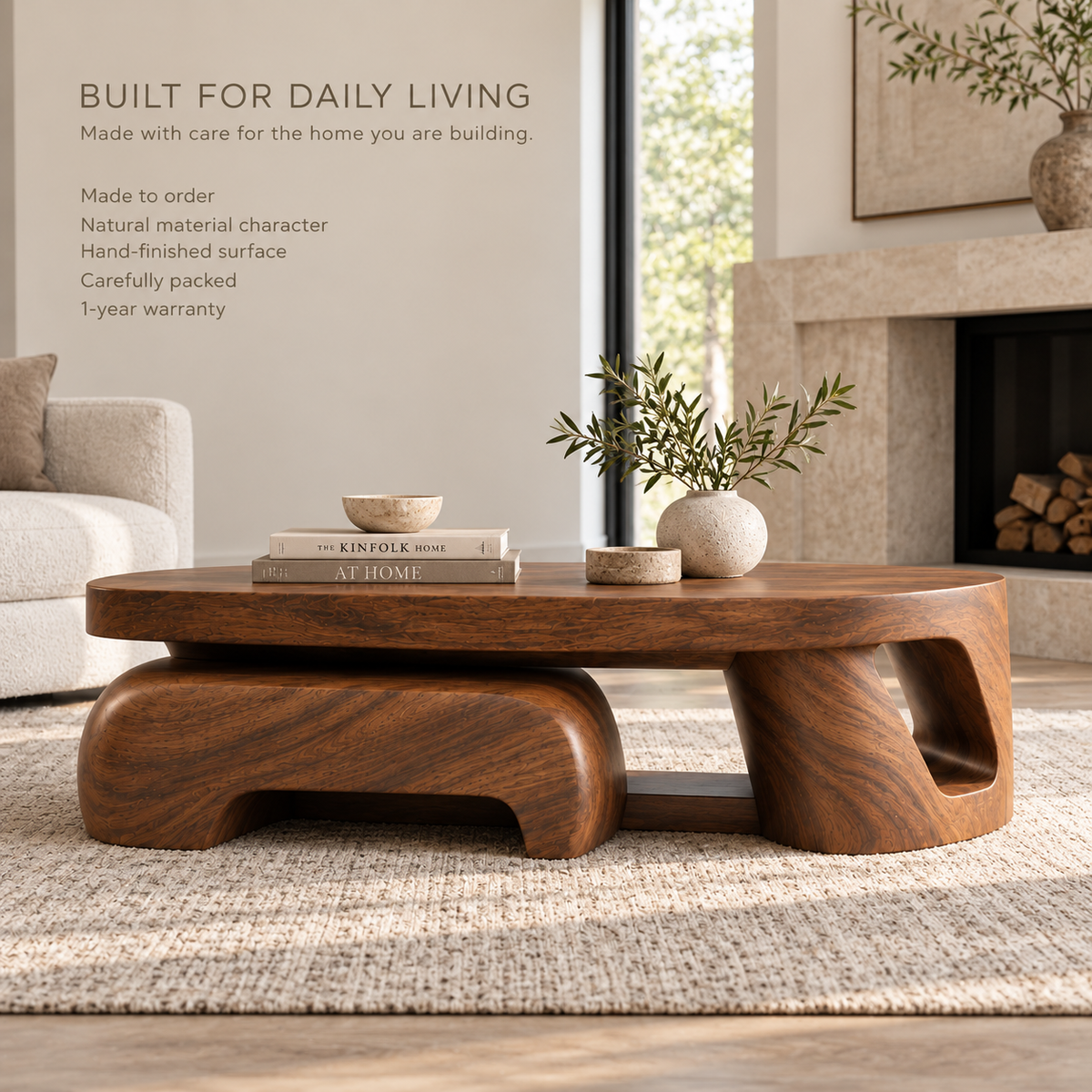 Talia Sculptural Solid Wood Coffee Table - Design 350 - product detail and styling view 8