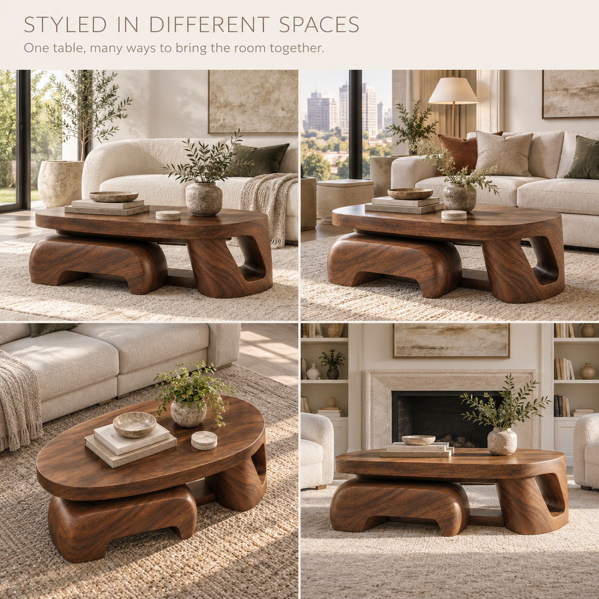 Talia Sculptural Solid Wood Coffee Table - Design 350 - product detail and styling view 9