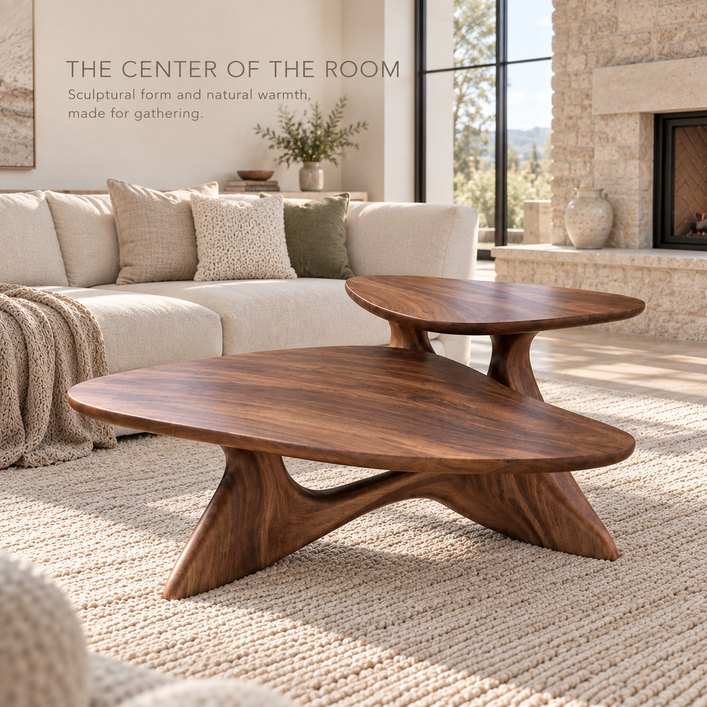 Vale Sculptural Solid Wood Coffee Table Set - Design 351 - main lifestyle view