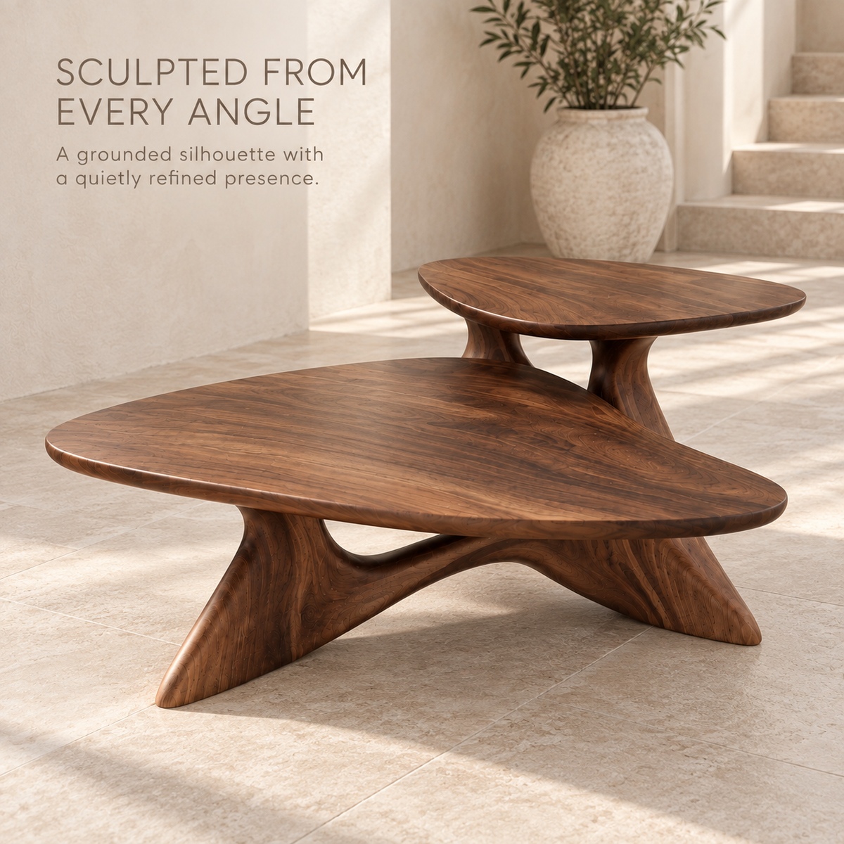 Vale Sculptural Solid Wood Coffee Table Set - Design 351 - product detail and styling view 2